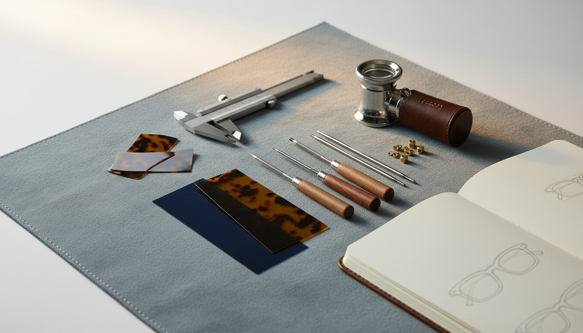 Optician tools on a workbench: calipers, loupe and acetate samples